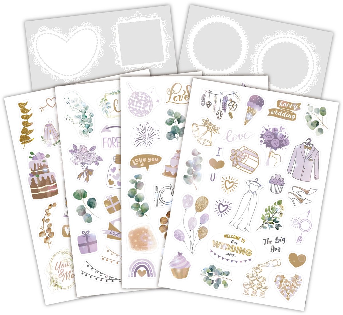 Bruiloft Stickers Set – 6 Stickervellen – 4 Vel Bruiloft Shiny Stickers & 2 Vel Decoratieve Lijsten – Voor trouwalbum, kaarten, uitnodiging