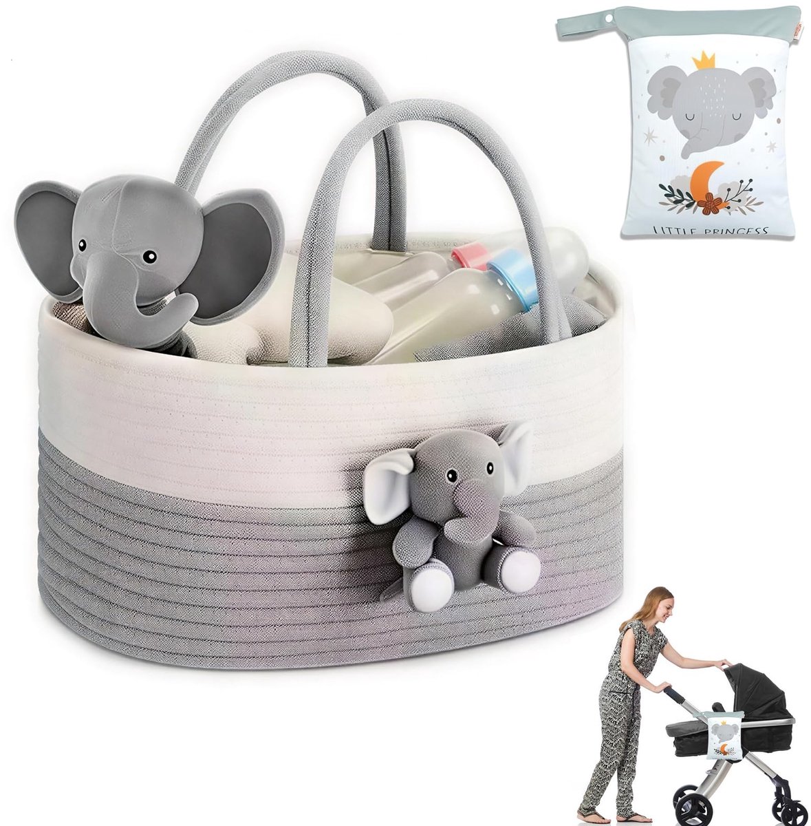 SnelShoppen - Baby Luiermand, Multifunctionele Luiertas Organizer, Draagbare Opbergmand voor Commode, Katoenen Mand voor Babyborrelcadeaus, Grijs, 30x