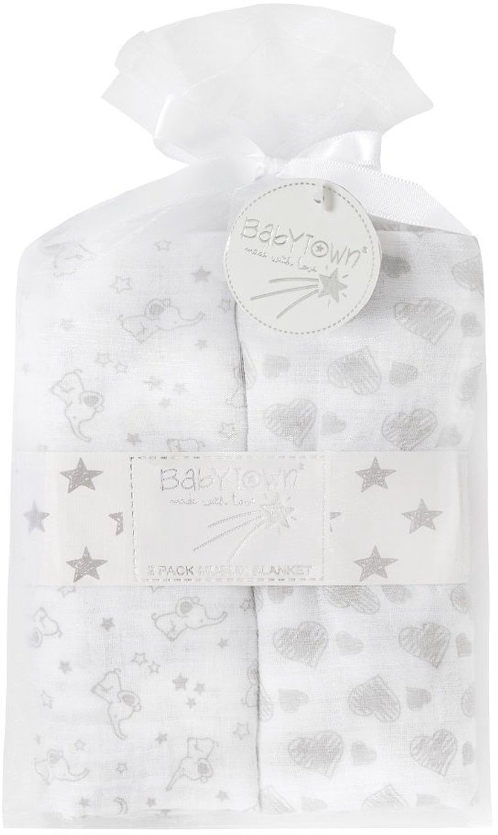 Babytown - 2 Hydrofiel Luiers in Organza Gift Bag - 75x75 cm - Grijs - Wit