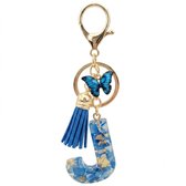 Blauwe letter J sleutelhanger met kwastje en vlinder – sleutelhanger voor dames – goudkleurige metalen keychain met acryl initiaal J hanger, decoratieve bedel en tassel