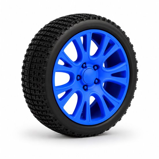 Zwart speelgoedwiel met 12 spaken en een blauwe velg, met grof profiel.