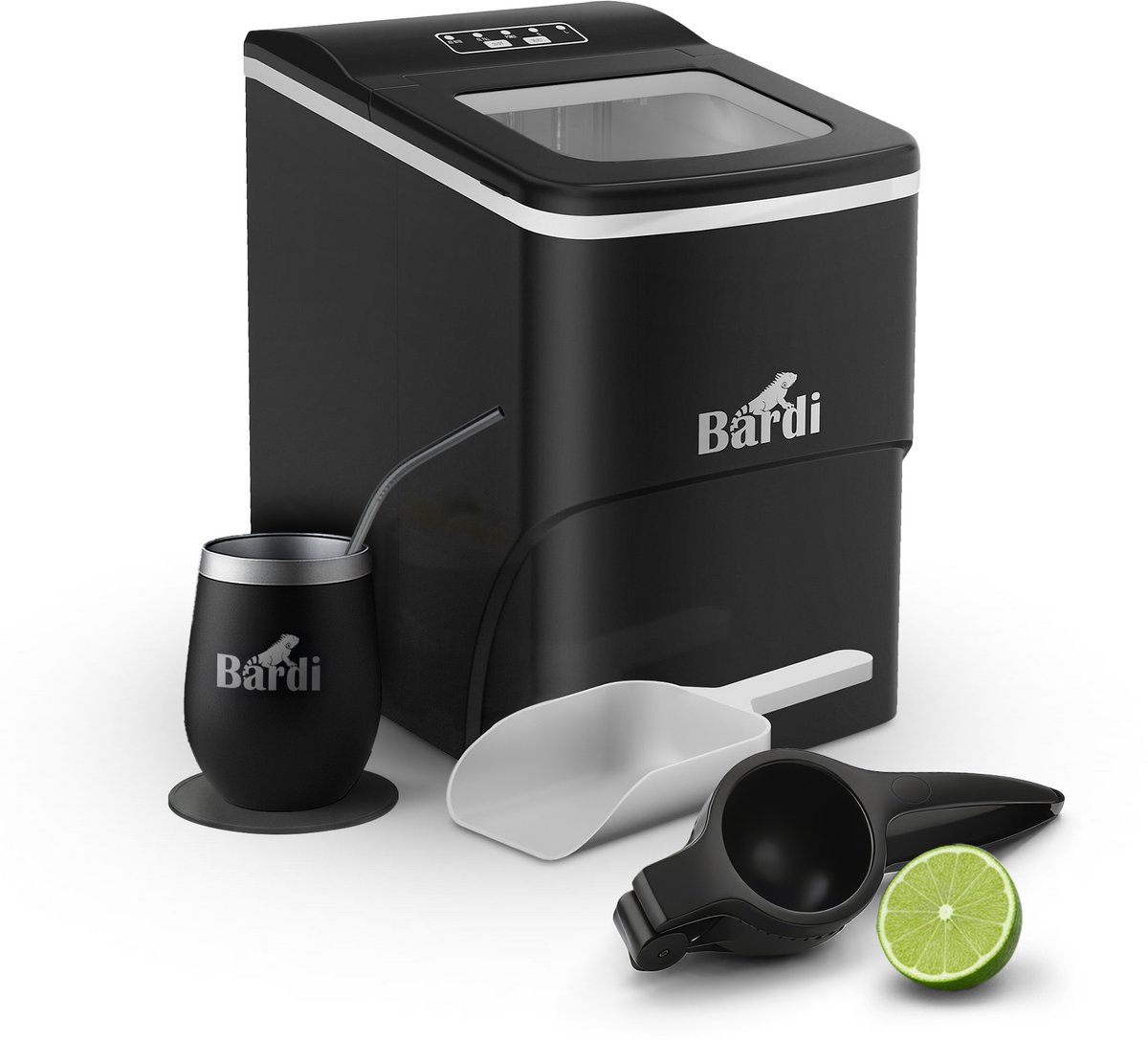 Bardi IJsblokjesmachine Set - 2 Liter - 12KG IJsblokjes in 24 uur - met IJsschep - Inclusief 1 Luxe Thermosbeker - Zwart - Citruspers Zwart