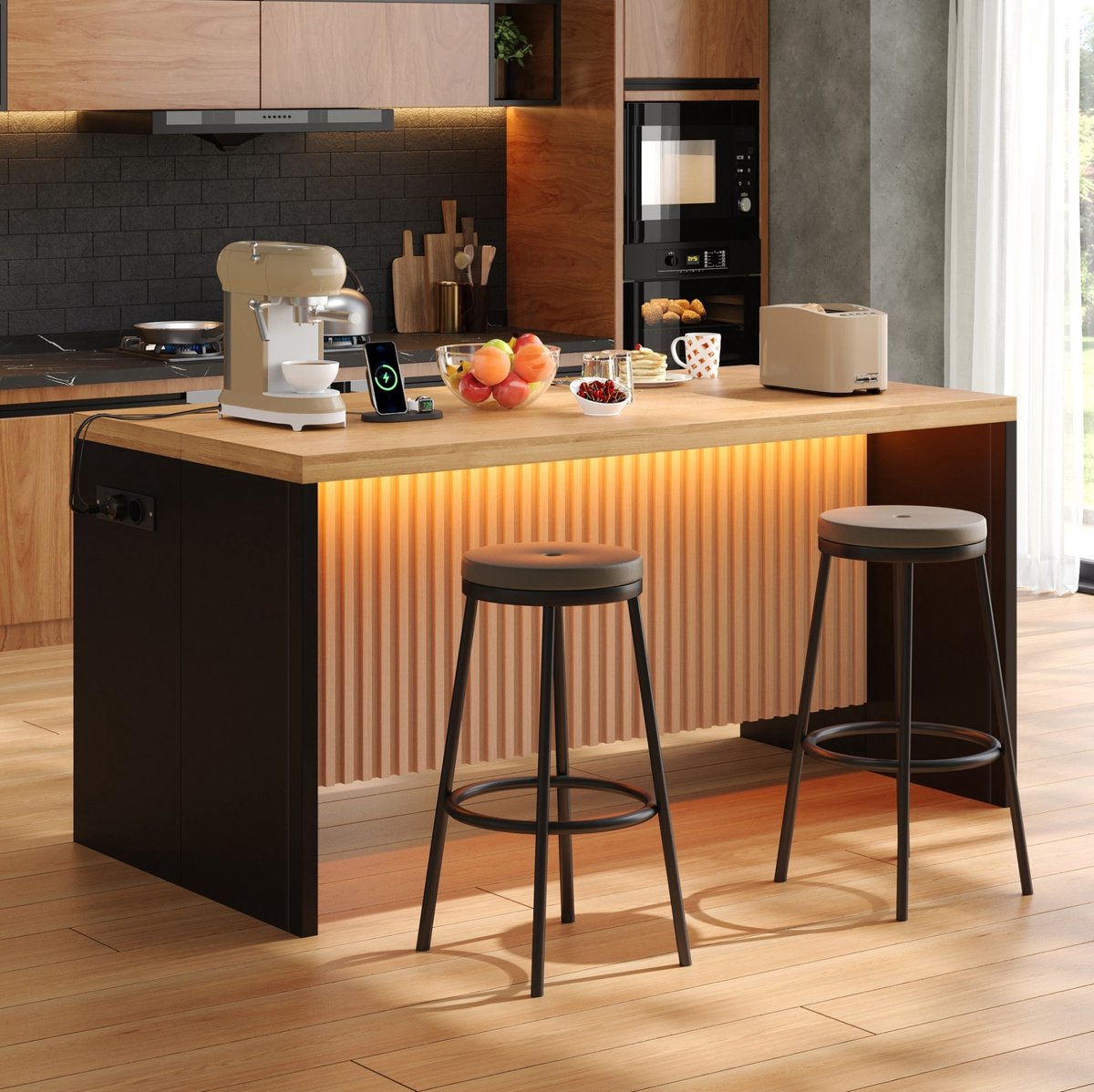 Hauss Spole Keuken Eiland Met Verlichting En Stopcontacten Voor Open Keuken En Woonruimte Van MDF In Zwart En Houtlook 155x80x90 Cm