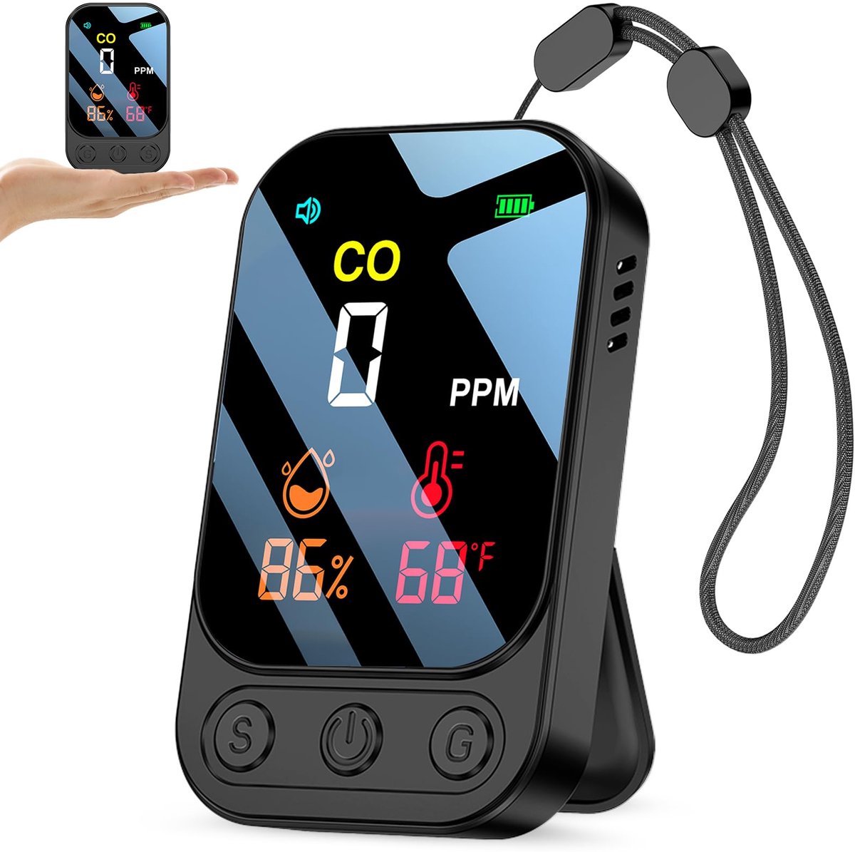 SnelShoppen - Koolmonoxidemelder 3-in-1 met Alarmfunctie, Draagbare Oplaadbare CO-melder met Temperatuur en Vochtigheid, Zwart voor Huishouden, Camper