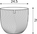 Schematische tekening van een antracietkleurige, geribbelde bloempot met afmetingen 24.5 cm breed en 21 cm hoog.