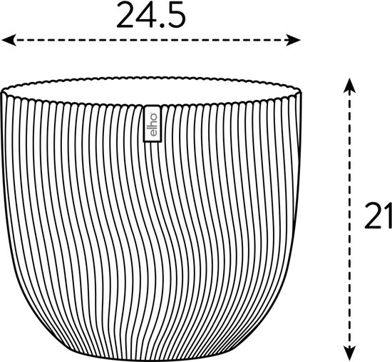 Schematische tekening van een antracietkleurige, geribbelde bloempot met afmetingen 24.5 cm breed en 21 cm hoog.