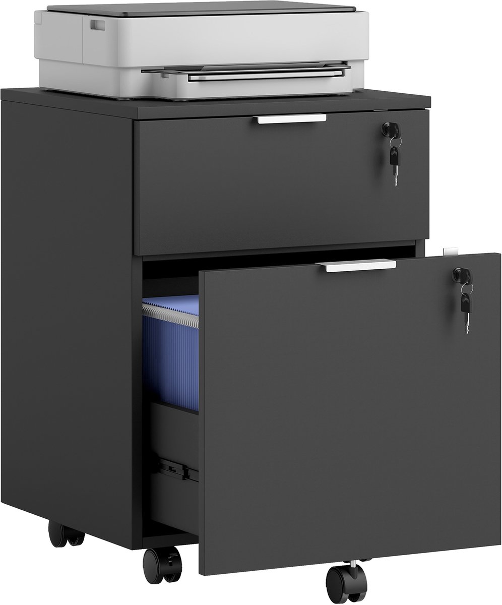 ECTEATOY® Verrijdbaar Ladeblok voor Bureau - Afsluitbare Archiefkast met 2 Lades - Hangmappenkast - 42x40x60 cm - zwart
