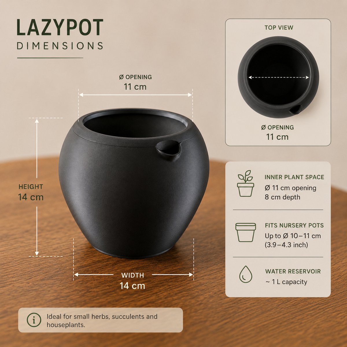 LazyPot Zwart – Zelfwatergevende Plantenpot met App – Ø 11 x 10 cm – 1L Waterreservoir – Slimme Bloempot – Oplaadbaar – Mat Zwart — cadeau in Gadgets - foto 5