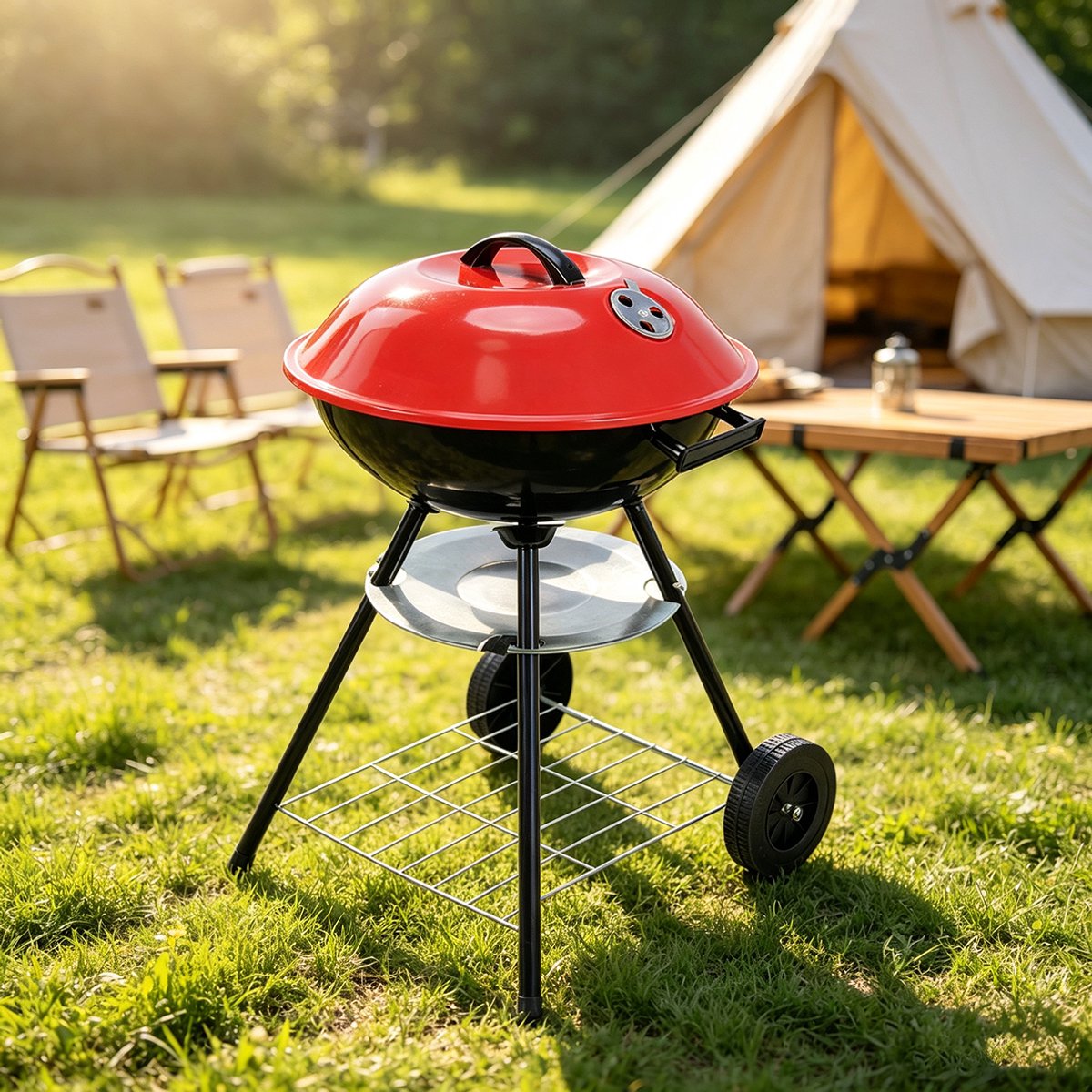 Draagbare houtskoolgrill van 35,5 cm Rode mini-tafelgrill met geëmailleerde en verchroomde onderdelen Compact en draagbaa ideaal voor kamperen picknicks en barbecues in de buitenlucht Afmetingen 36 x 52 cm