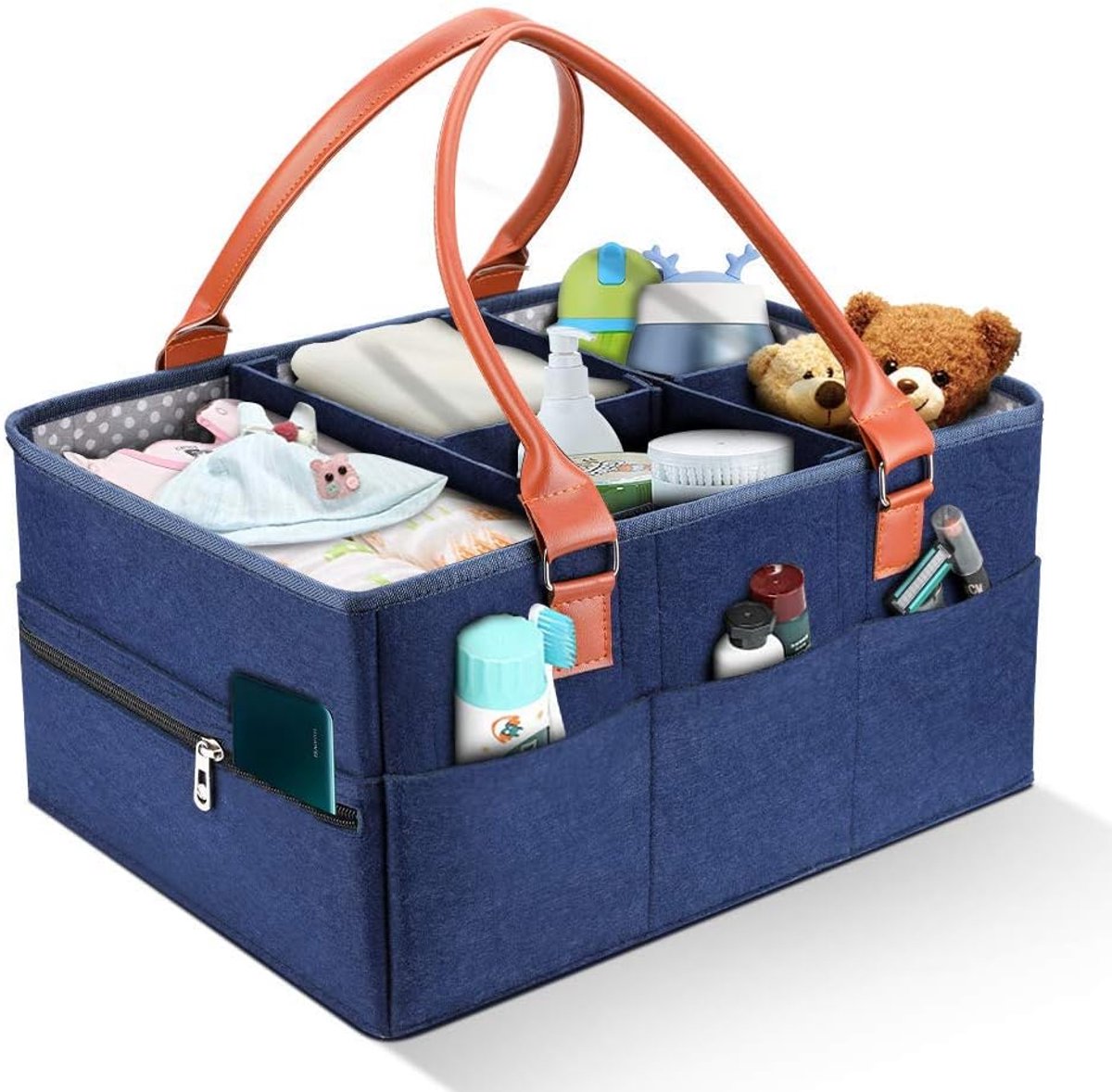 Blauwe Denim Baby Luier Opbergbox 28×40×20cm | Verdeelbare Opbergmand met Lederen Handvatten en Ritsvak