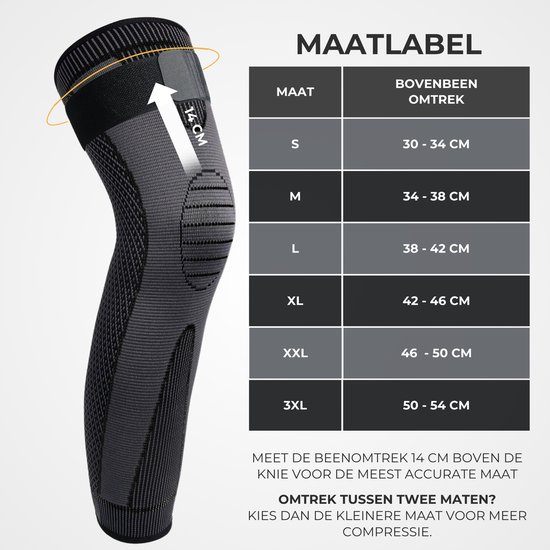 Maattabel met beenomtrek voor kniebraces. Meet 14 cm boven de knie.