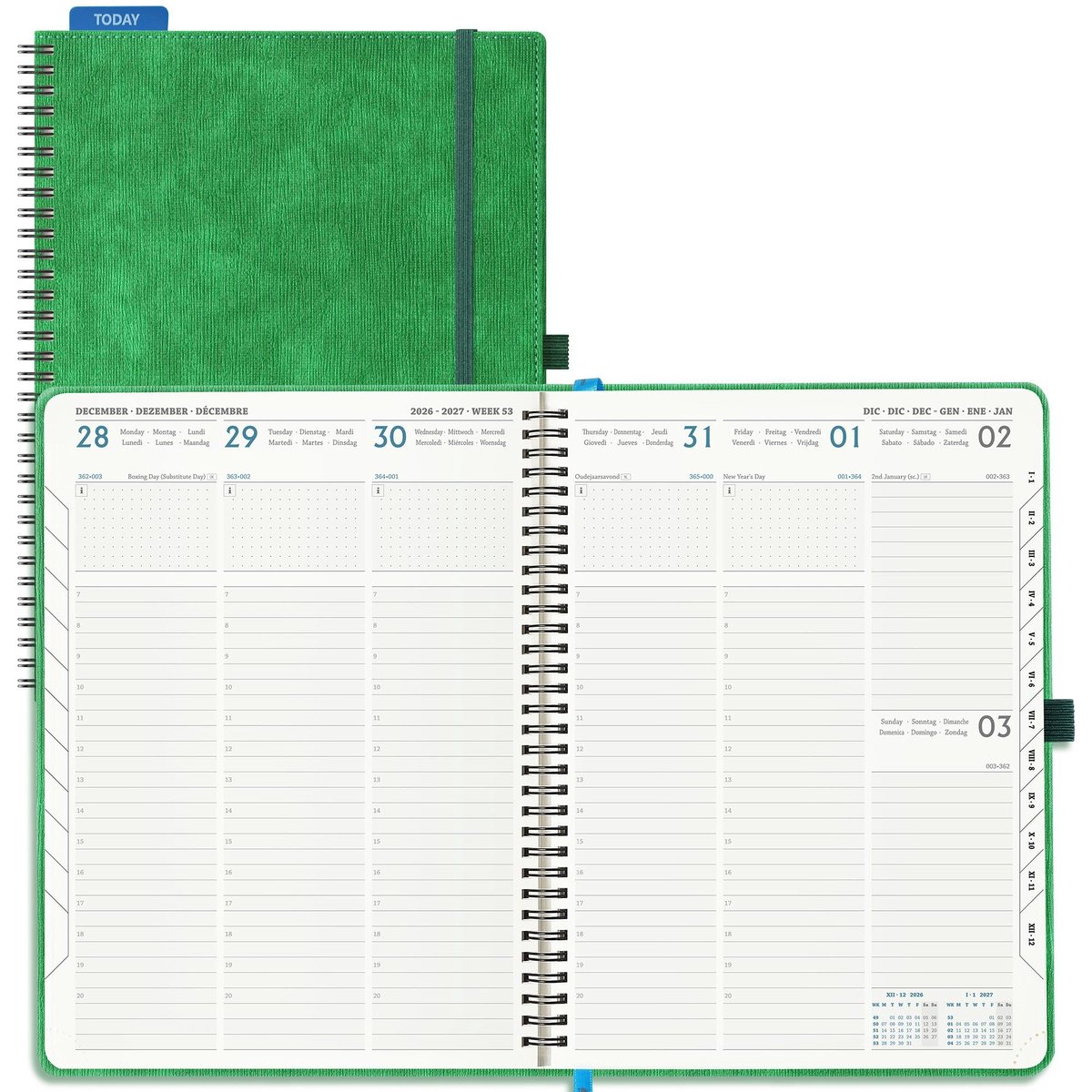 SnelShoppen - Agenda 2026 2027 A4 Weekplanner - Schoolagenda 18 Maanden - Verticale Spiraal - Zacht PU-Leder - Groen - 29 x 21,5 cm - 80 Grams Papier