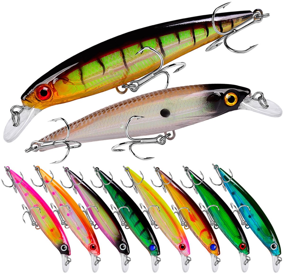 SnelShoppen - 10-Kleuren 3D Realistisch Kunstaas Set voor Baars, Forel en Snoek - Hengelsport Set met Krachtige Zeehaken (11cm/13.4g) voor Zout- & Zoe