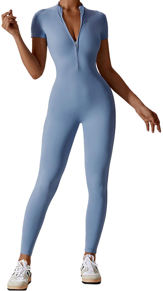 SnelShoppen - Dames Jumpsuit Lichtblauw Korte Mouwen Maat L - Comfortabel en Stijlvol voor Feest, Casual, Vakantie en Dagelijks Gebruik