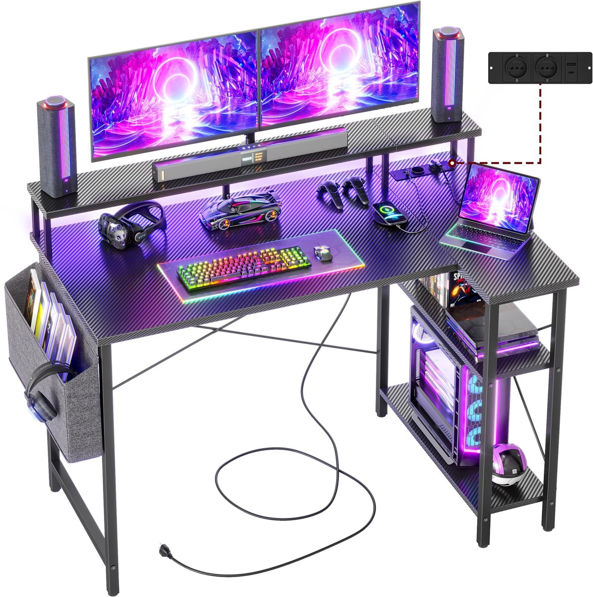 SnelShoppen - L-vormig Hoekbureau met Stopcontacten en LED Verlichting - 120x70 cm Hoekcomputerbureau met Omkeerbare Opbergplanken, Boekenplank voor T