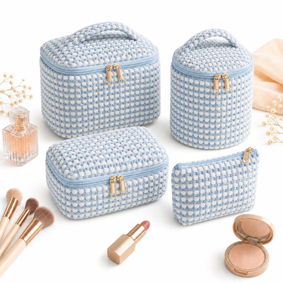 VHV - Toilettas - Toilettas dames - Weekendtas - Make-uptasje - Toilettas set van 4 - Cosmetica tasje - Bloemenprint - Grote capaciteit - Voor op reis en vakantie - Blauwe stippen