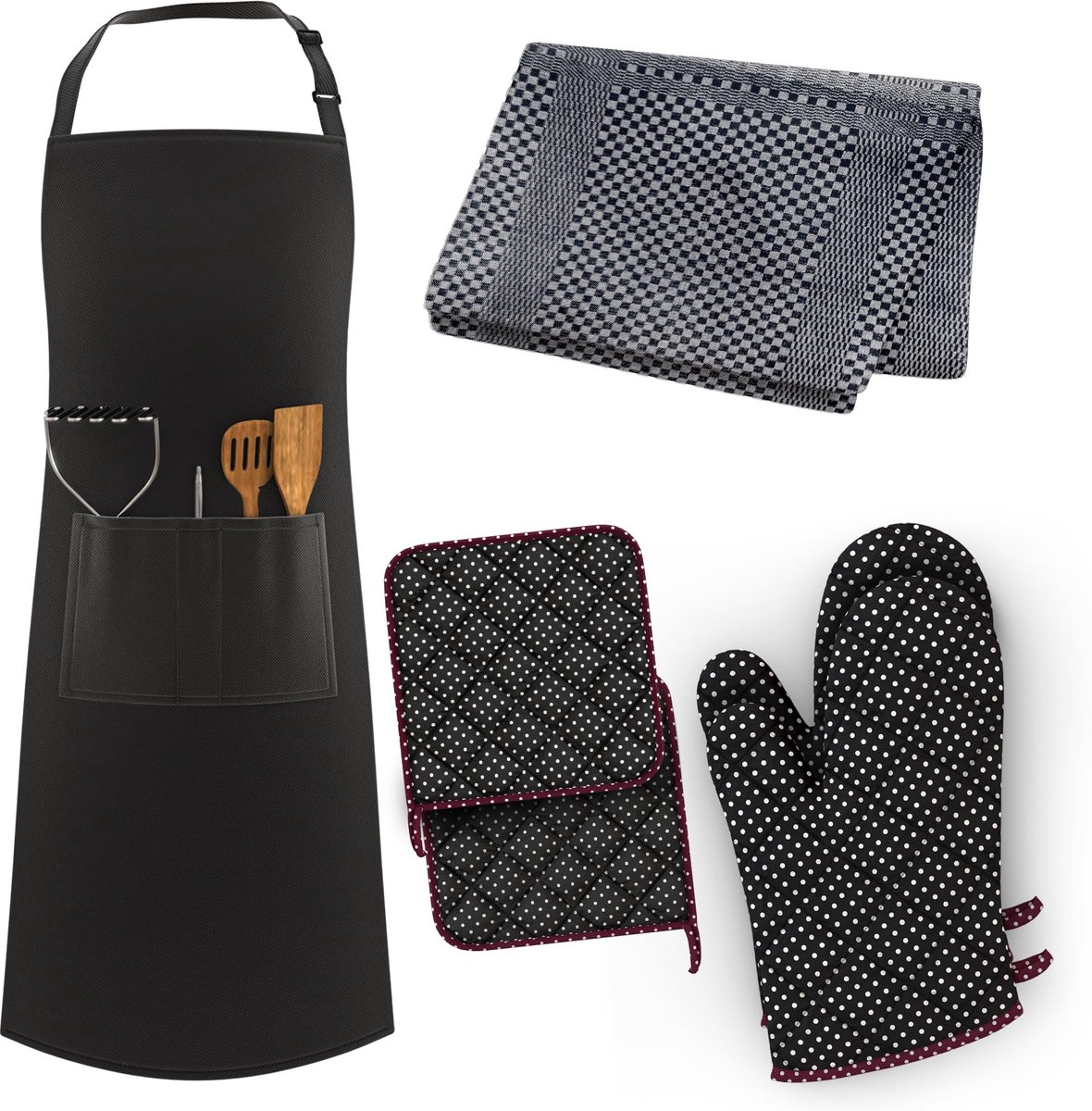 SnelShoppen - 7-in-1 Keukenset met Kookschort, Ovenwanten, Pannenlappen, Theedoeken - Verstelbaar Grillschort met 3 Zakken - Zwart - Perfect voor Keuk