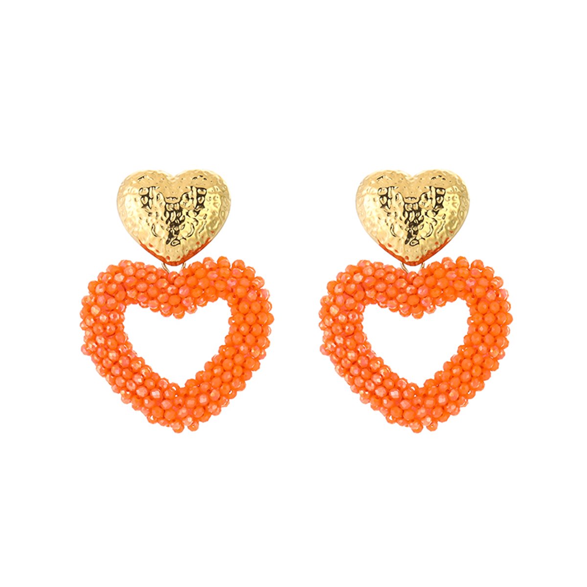 Stainless Steel Gehamerd Hart & Facetkralen Oorhangers – Luxe Getextureerde Statement Oorbellen – RVS - Oranje