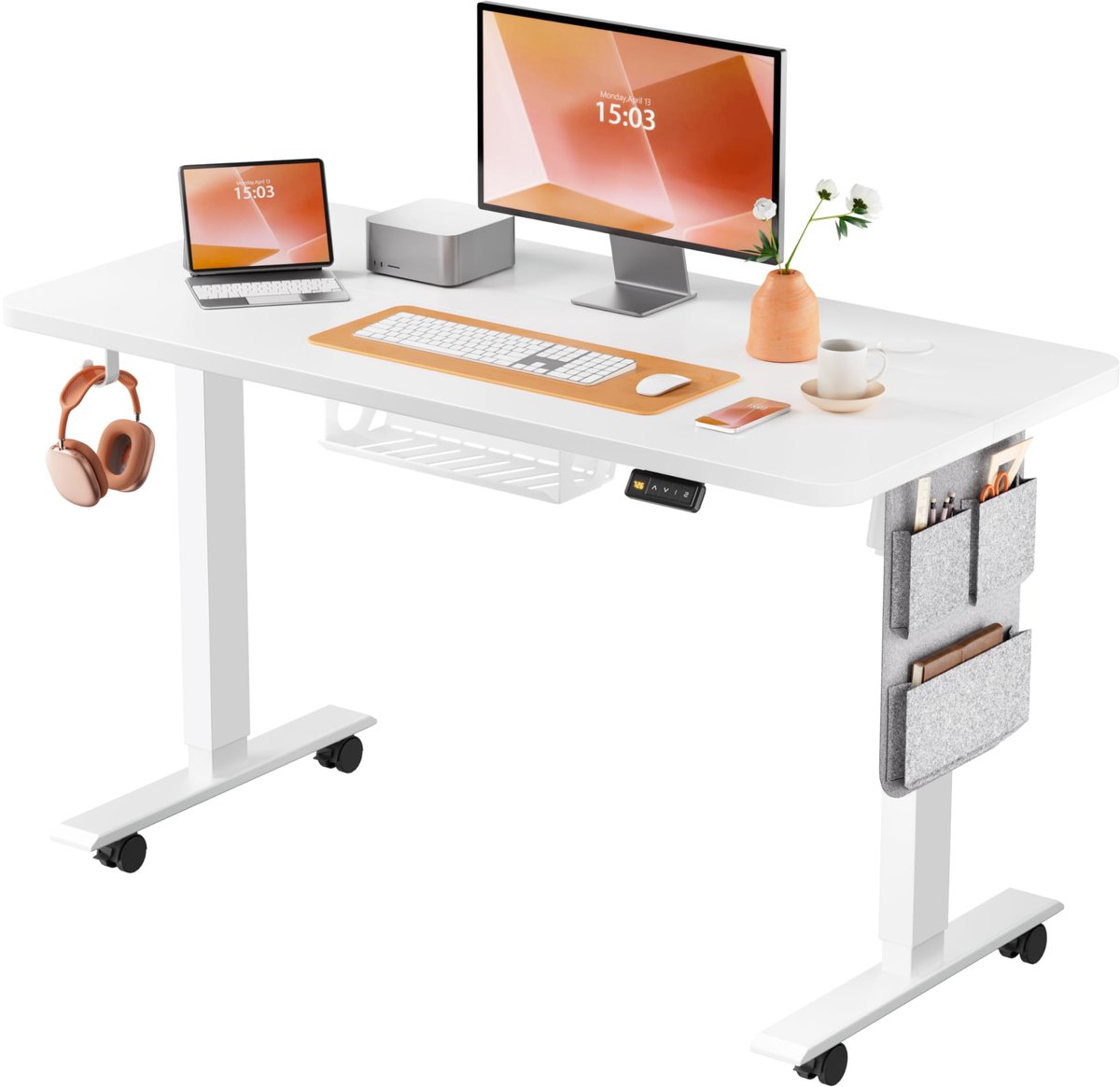 SnelShoppen - Elektrisch in Hoogte Verstelbaar Bureau 120x60 cm, Zit-Sta Bureau met Geheugenbesturing, Kabelbak, Haken en Opbergvakken voor Thuiswerk,