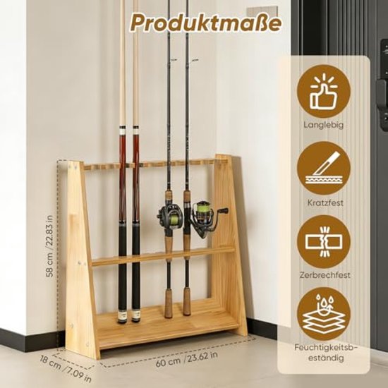 Keu en hengel houder - Houten standaard - Opbergen sportartikelen - Massief hout ontwerp - 10 stuks capaciteit - Houtkleur — afbeelding 2