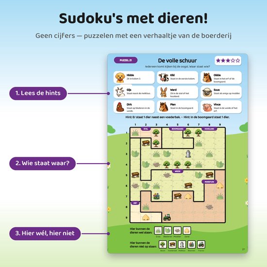 Pagina uit Sudoku's met dieren, thema boerderij. Bevat puzzel 21, 'De volle schuur', met hints en een speelveld.