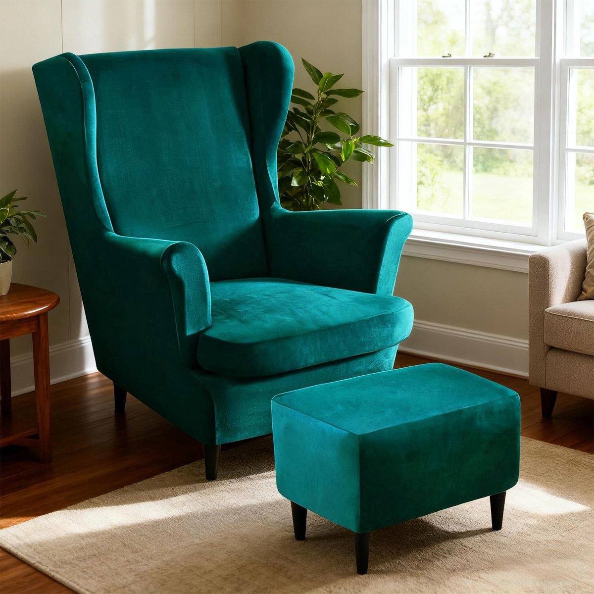 SnelShoppen - 3-delige Oorfauteuilhoes met Voetensteunhoes - Wasbare Stoelhoes voor Oorfauteuil en Voetenbank - Extra Zacht Materiaal - Smaragdgroen v