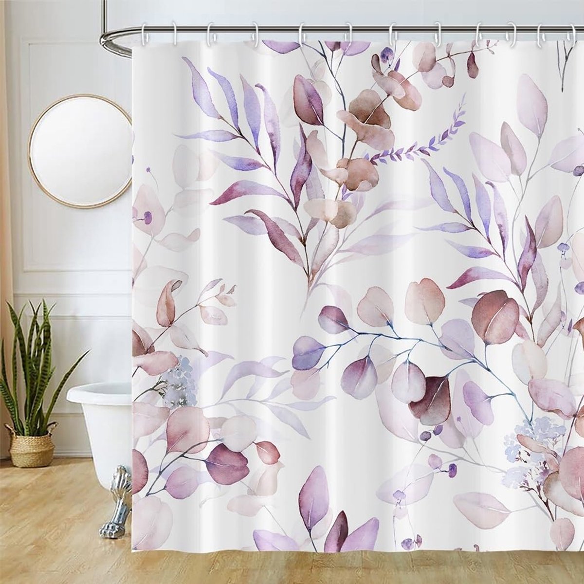 SnelShoppen - Douchegordijn Textiel Eucalyptus Paars Bladeren Planten Anti-Schimmel Waterdicht Polyester Wasbaar Badgordijn met Haken 200x180 cm