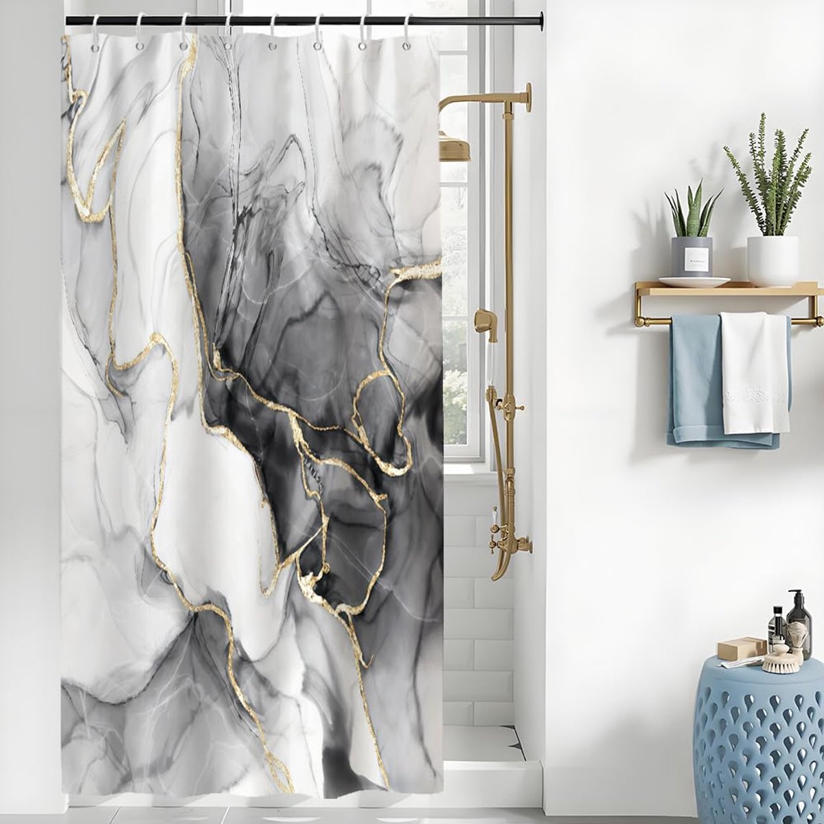 SnelShoppen - Douchegordijn 120 x 180 cm, schimmelbestendig Polyester badkamergordijn grijs met marmereffect, waterdicht en wasbaar, modern ontwerp, i