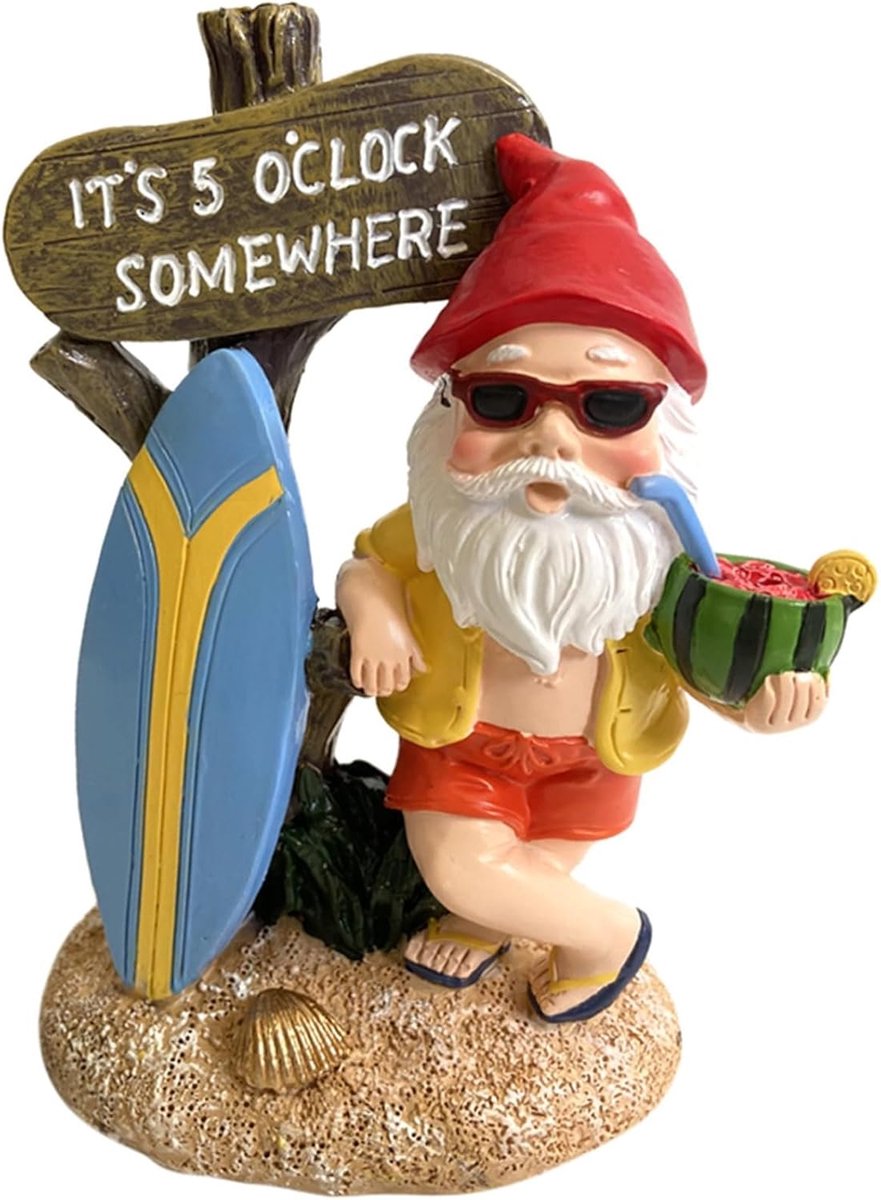 SnelShoppen - Tuinbeeld Tuinfiguur - Grappige Tuinkabouter met Watermeloen Surfplank - Waterdicht - 13,5 cm - Decoratie voor Zomer en Buiten