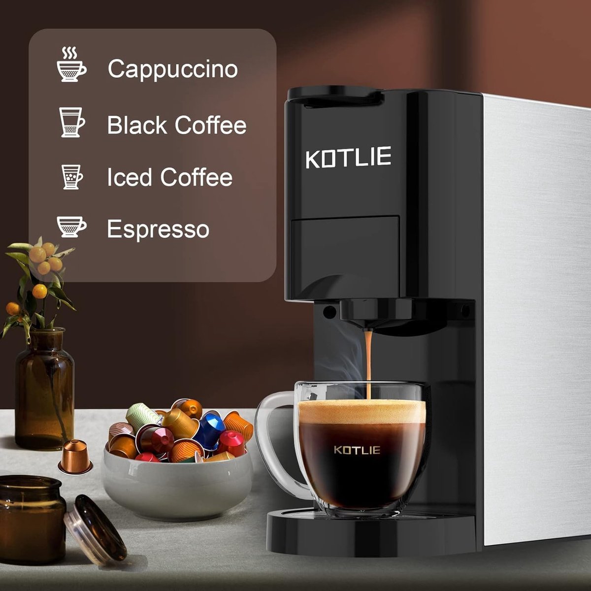4-in-1 capsule koffiezetapparaat voor Nespresso Original/Dolce Gusto/gemengde koffie/ESE-pads (44 mm, 19 bar, 1450 W, 800 ml thumbnail 2