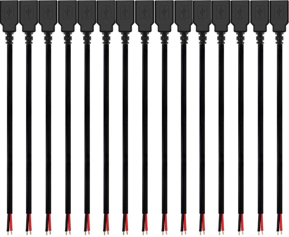 SnelShoppen - 15PCS USB Poort voor Soldeerwerk, USB Stekker met 2 Pin Kabel, Pigtail Kabel 30cm voor Doe-Het-Zelf Vervangingen en Reparaties