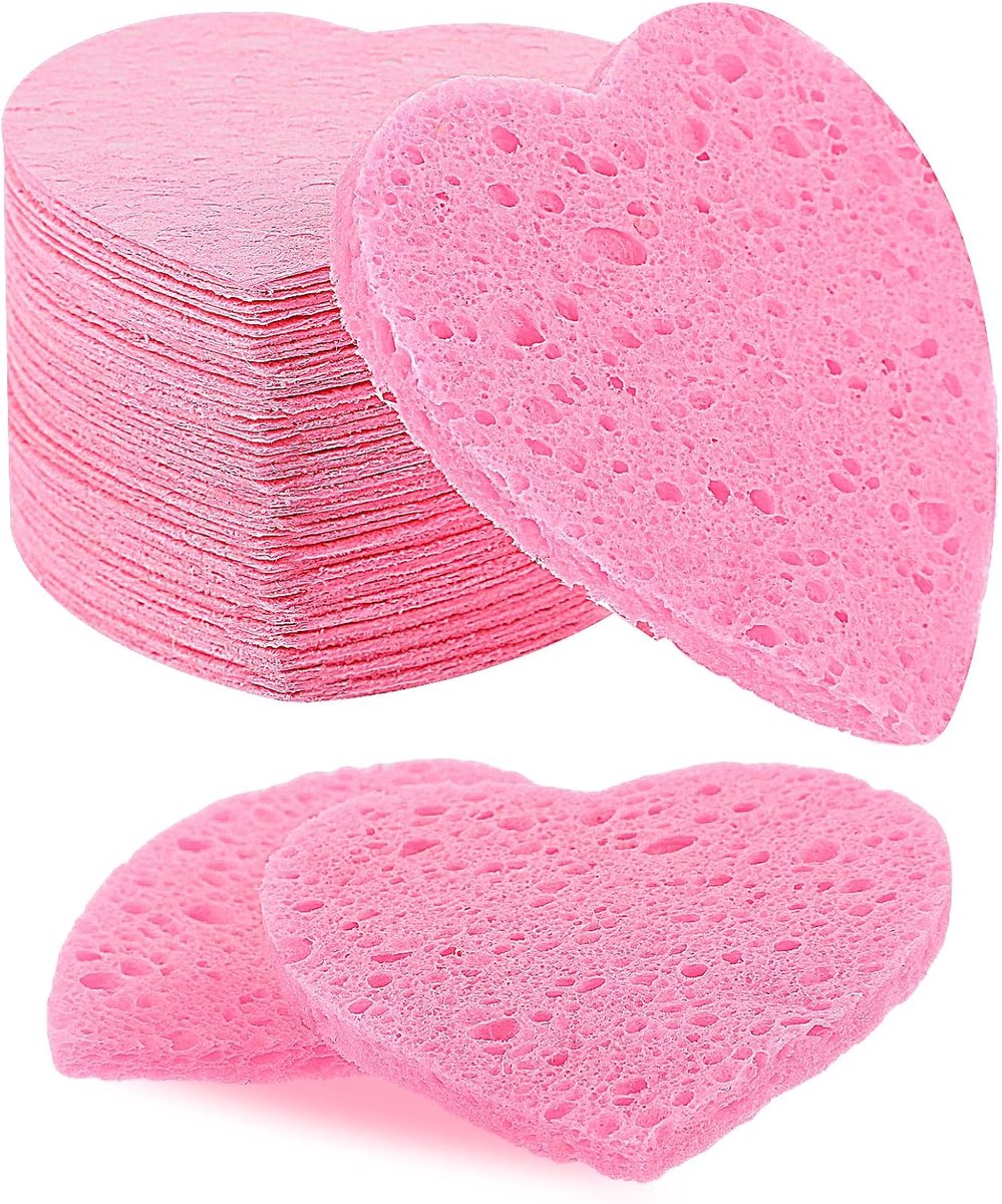 SnelShoppen - 55 Stuks Hartvormige Gecomprimeerde Gezichtsponsjes Roze Herbruikbare Natuurlijke Reinigingsspons voor Schoonheidsspa Gezichtsreiniging