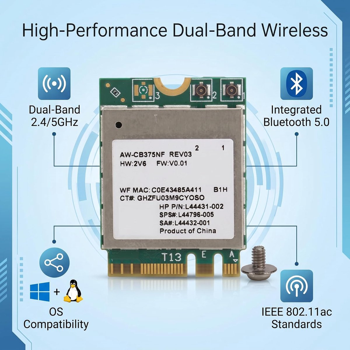 SnelShoppen - Wireless Netwerkkaart WiFi Module 2.4/5.0GHz Bluetooth 5.0 M.2 NGFF WiFi Draadloze Kaart 802.11a/b/g/n/ac RTL8822CE
