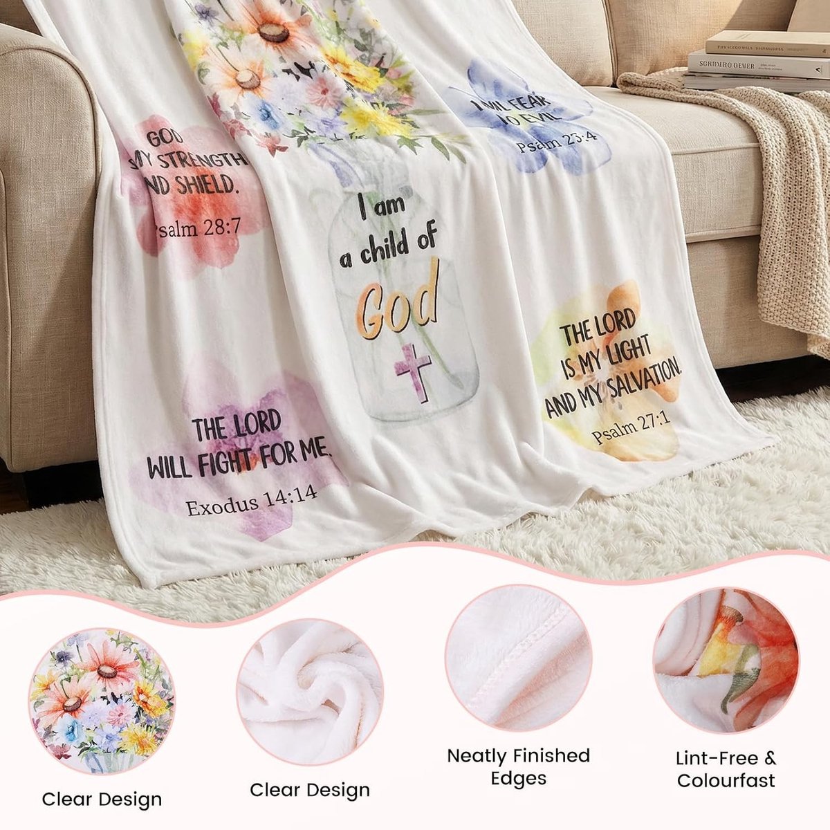 Dekentje 130x150cm met Bijbelvers en Inspirerende Gedachten, Bloemmotief, Perfect als Geschenk voor Vriend, Vrouw, Zus of Familie