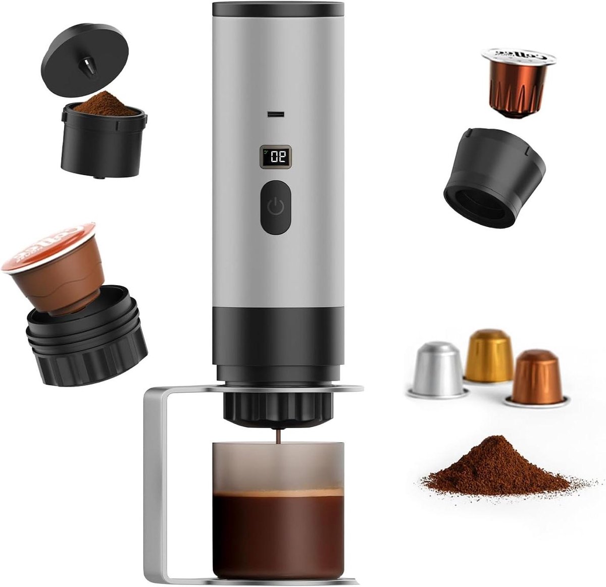 Draagbare Koffiemaker - Espresso Machine - Koffie Onderweg - Zelfverwarmend USB-C - 80ml Tank - Zilver