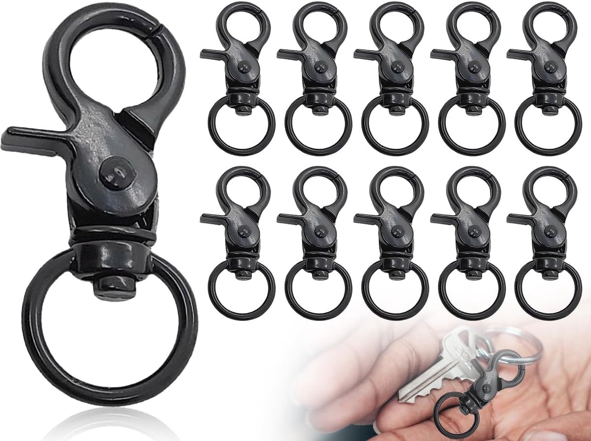 SnelShoppen - 10 Stuks Rotatieve Carabiner Haken Sleutelhangers Metaal Zwart voor Tassen Kleding Lanyards Camping Feest
