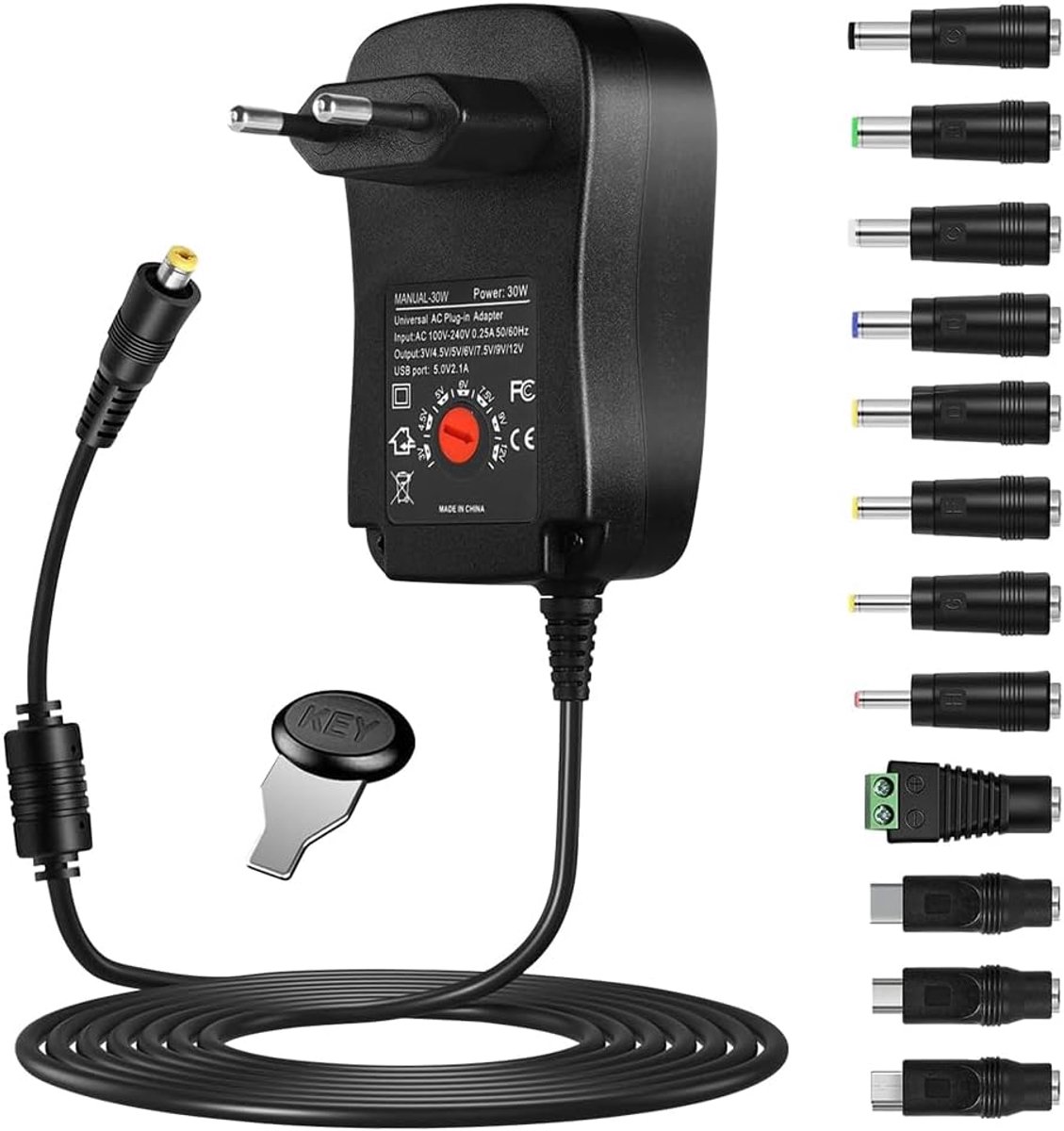 SnelShoppen - Universele Voedingsadapter 30W AC naar DC, Schakelvoeding met 5V 2.1A USB Poort en DC Stekkers, Multi-Spanning Adapter voor 3V tot 12V H