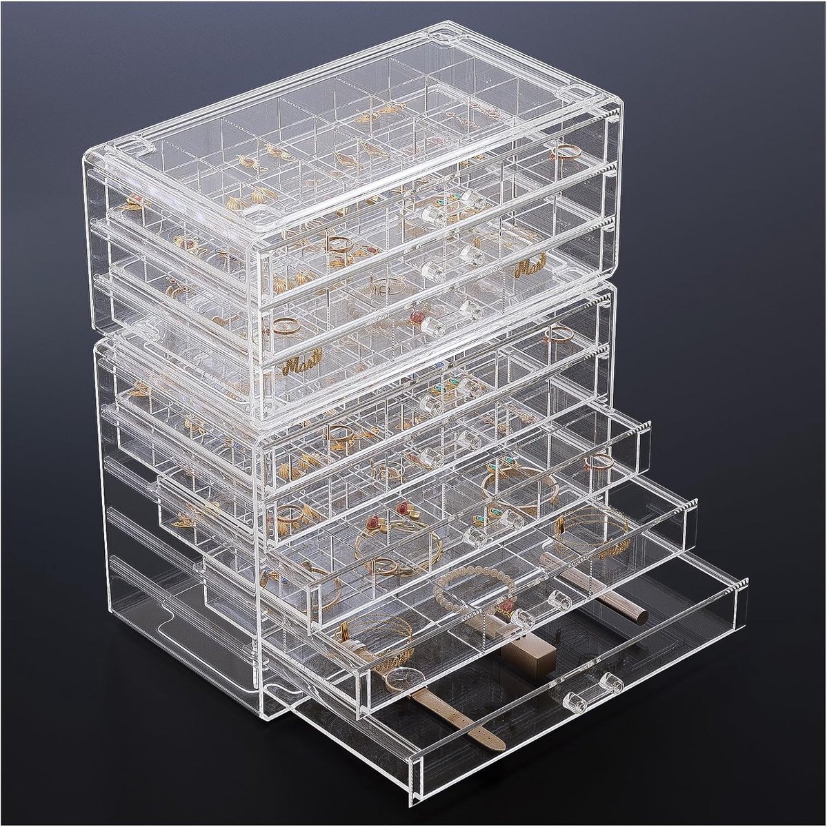 SnelShoppen - Transparante Sieraden Organizer - Acryl Stapelbaar - Sieraden Doos voor Oorbellen, Ringen voor Vrouwen en Meisjes - 8 Laags met Veel Com