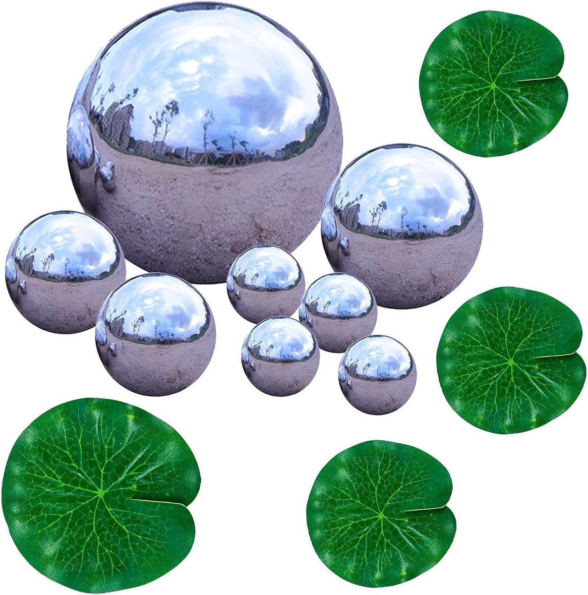 SnelShoppen - Set van 8 Spiegelschijnende RVS Tuinballen met 3 Drijvende Lotusbladeren, 20-100mm Reflecterende Ballen voor Mini Tuin Decoratie