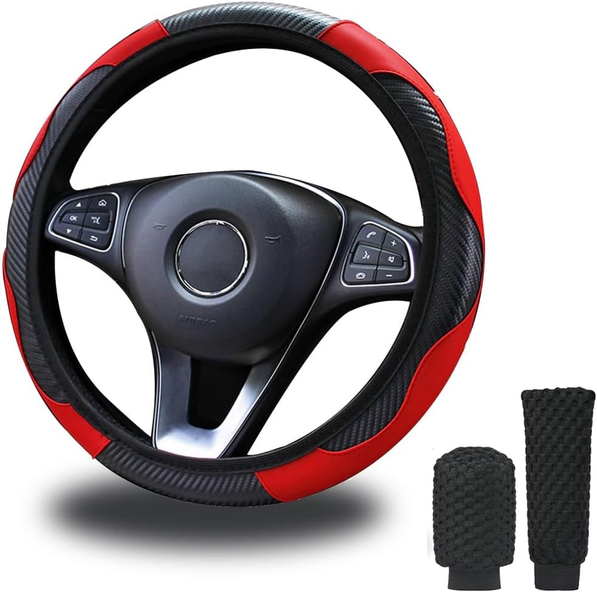 SnelShoppen - Universele Stuurwielhoes 37-39 cm, Rood, Antislip, Geurloos, Inclusief Versnellingspookhoes, Geschikt voor de Meeste Auto's, Stuurwielde