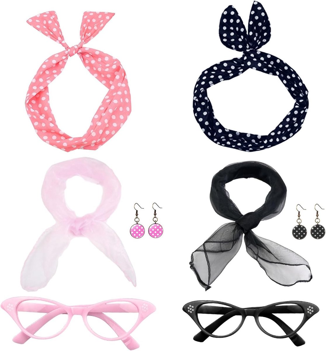 Complete Set van 8 Retro Kostuumaccessoires voor Vrouwen in Roze, Perfect voor 50s Themafeesten en Vintage Kleding, Inclusief Hoed, Sieraden en Meer