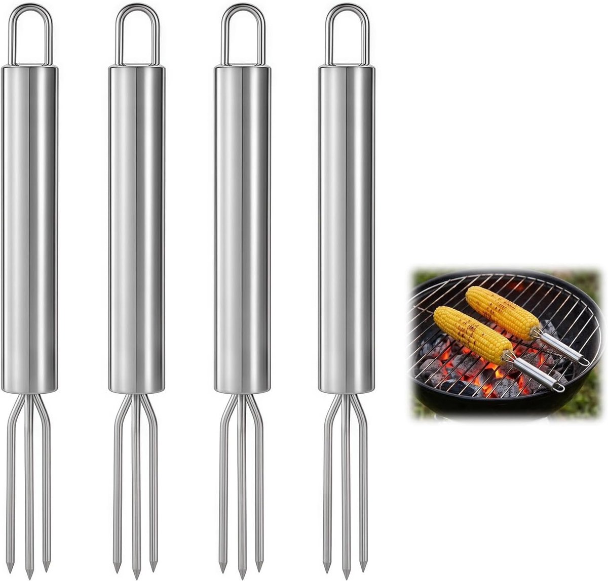 Set van 4 herbruikbare maïsspiesen en pelaardappelvorken van roestvrij staal, ideaal voor het eten van maïs en aardappelen, stabiel en duurzaam