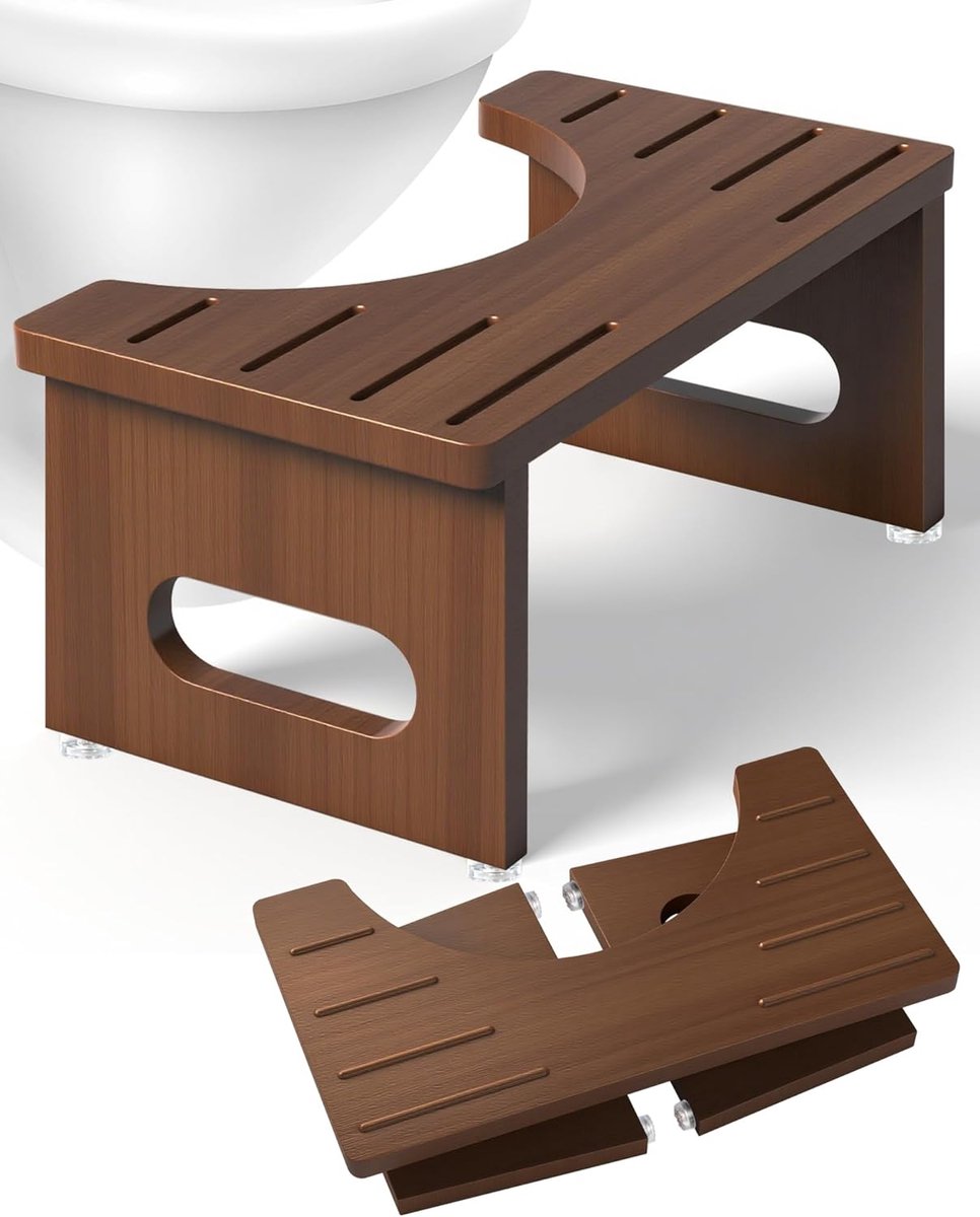 SnelShoppen - RayLove Toiletkruk van Bamboe met Antislip Pads, Opvouwbare Voetsteun in C-vorm, Bruin, Ruimtebesparend, Voor Volwassenen en Kinderen, I