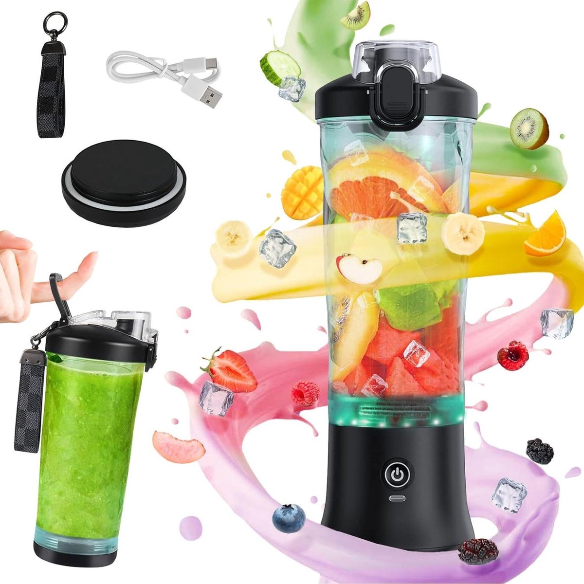 Draagbare mixer - Sapcentrifuge to go - Gezonde drankjes maken - 6 roestvrijstalen messen - 600 ml - Zwart