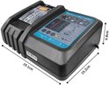 Een zwarte Makita acculader met blauwe details en een LED-display. Afmetingen zijn 19.1cm x 15.2cm x 6.8cm.