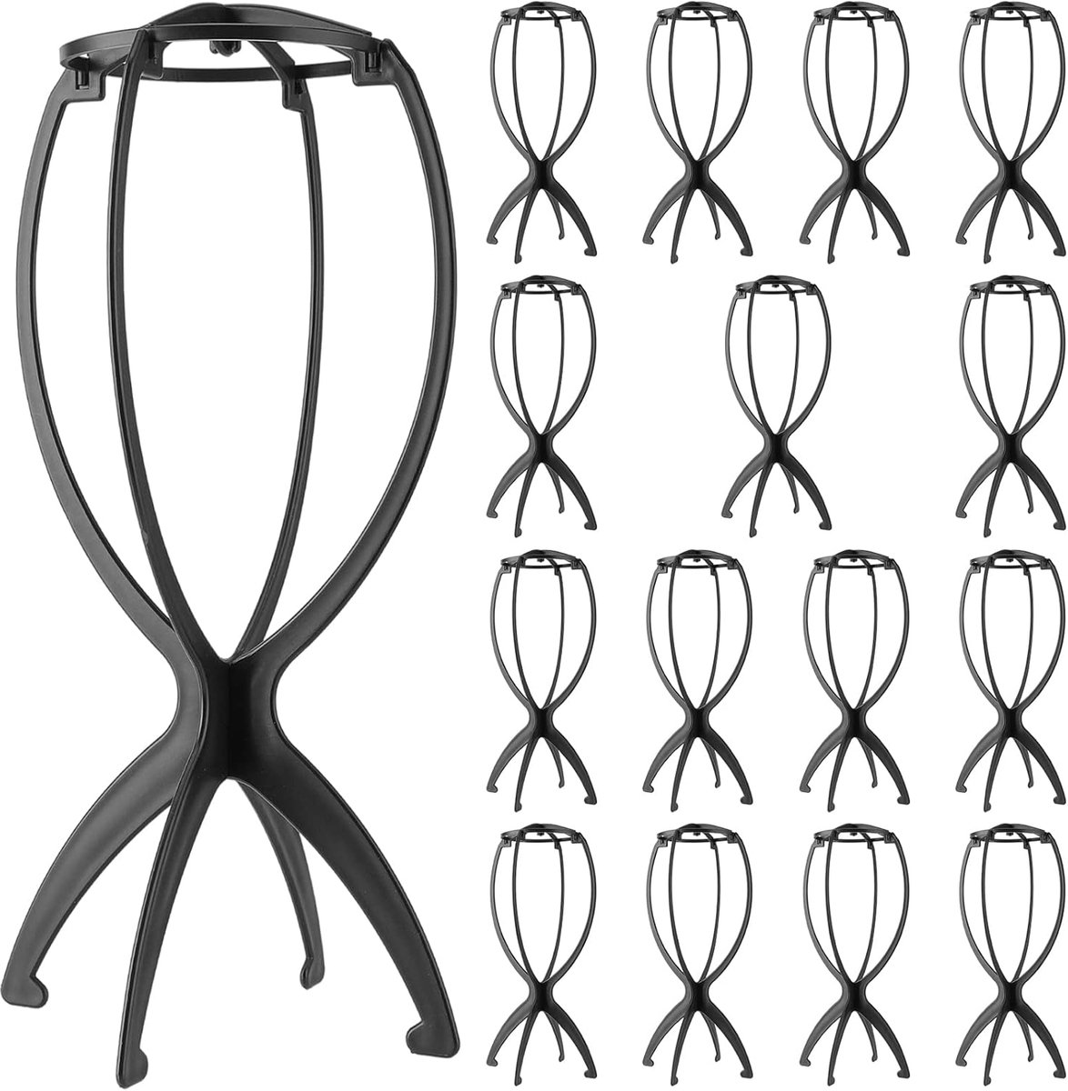 SnelShoppen - 16-delige 14 inch Pruikstandaard, 36x17cm, Plastic Pruikhouder, Vouwbare Pruikstandaard, Pruikdroger voor Training, Show, Zwart