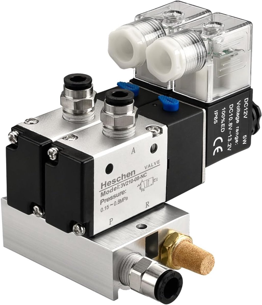 SnelShoppen - Elektrische Pneumatische Dubbele Solenoïde Ventiel 3V210-08, DC12V, PT1/4, 3/2 Weg, Manifold Basis en Snelle Aansluitingen Set voor Tuin
