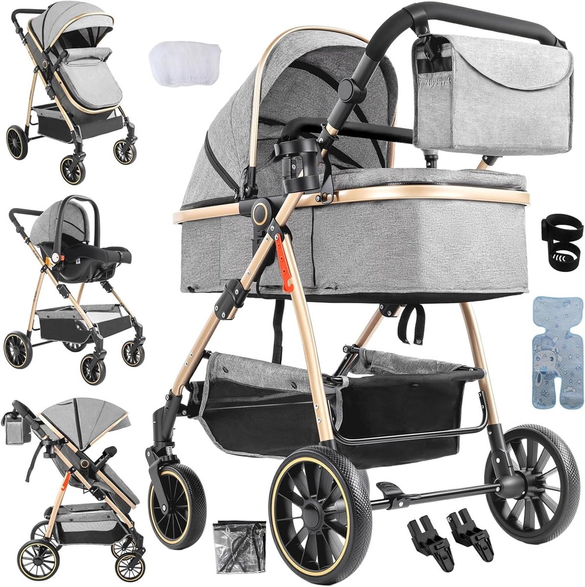Kinderwagen 3-in-1 - Modulaire reiswieg - Comfortabel reizen - Omkeerbare duwrichting - Aluminium frame - Grijs