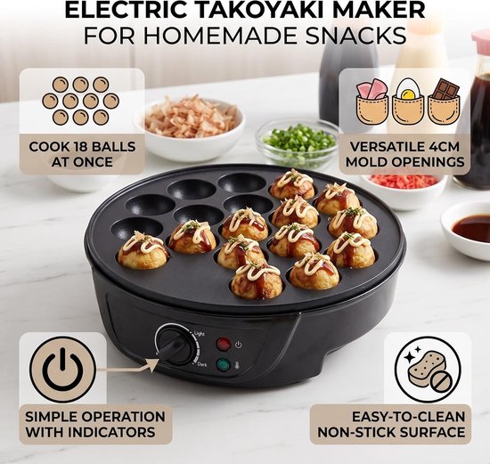 Dailygoods - Takoyaki-machine - Elektrische keukenmachine - 18 gaten non-stick - Zwart - Japanse takoyaki - Perfect voor snacks - Geschikt voor fruit... van Dailygoods — afbeelding 3