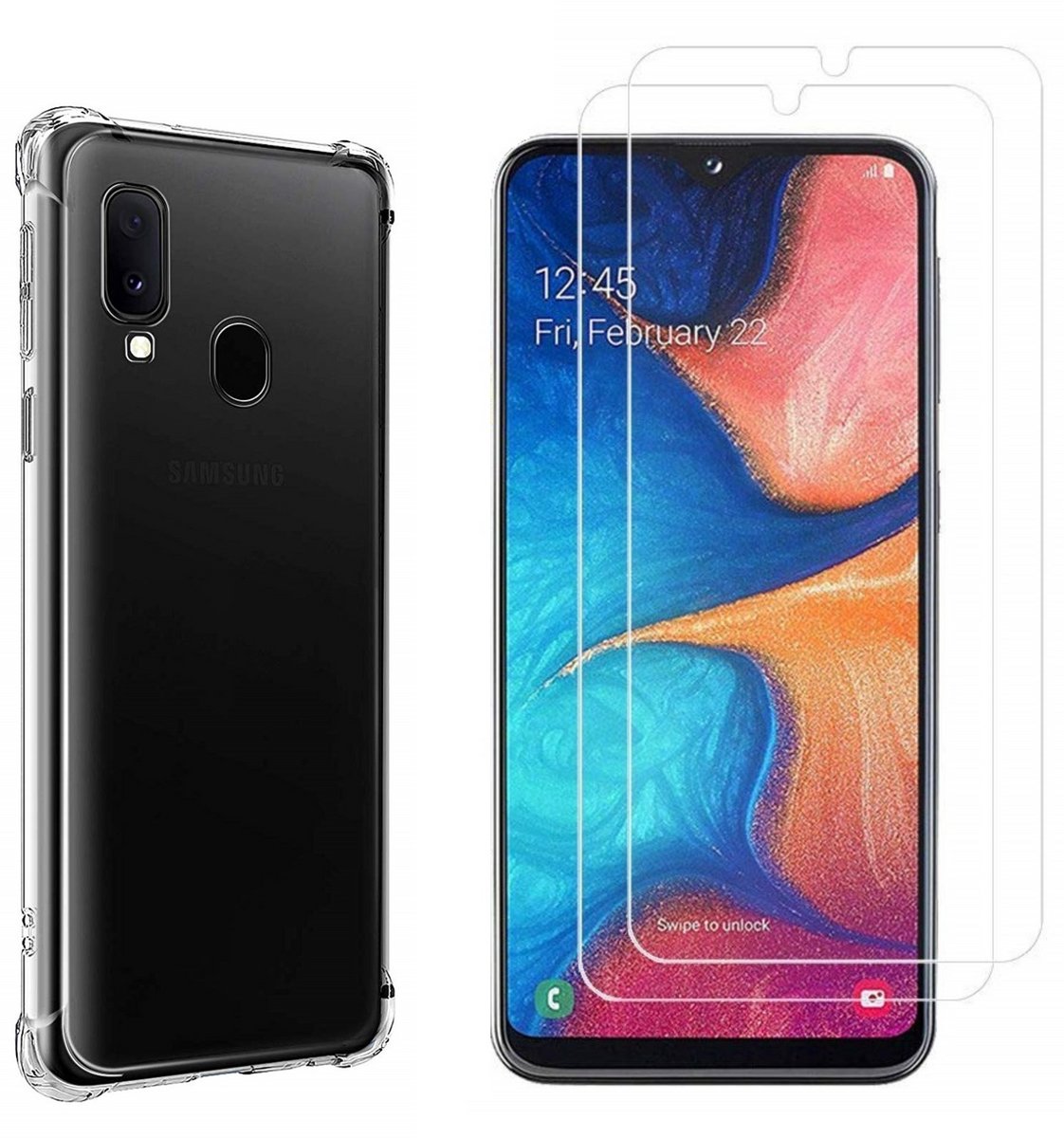 Hoesje geschikt voor Samsung Galaxy A20E backcover Shockproof siliconen Transparant en 2 stuks Screenprotector Gehard Glas
